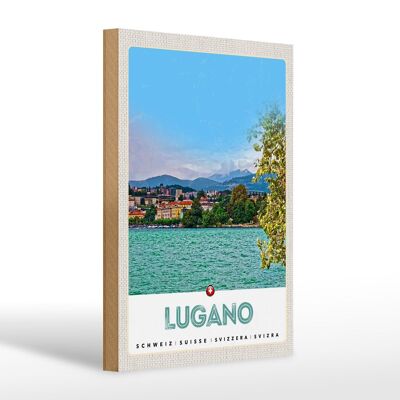 Panneau en bois voyage 20x30cm Lugano Suisse vue lac ville