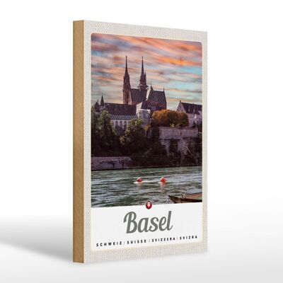 Cartel de madera viaje 20x30cm Basilea Suiza arquitectura fluvial