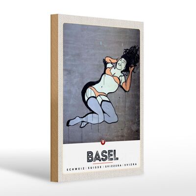 Cartel de madera viaje 20x30cm Basilea Suiza mujer desnuda graffiti