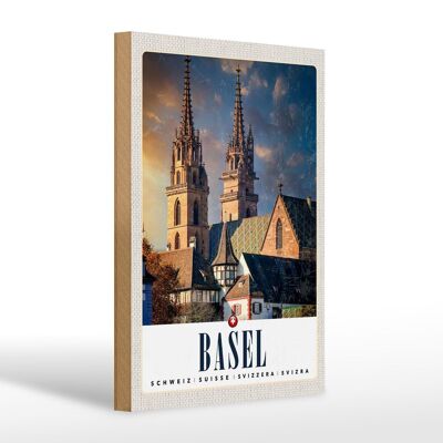 Cartel de madera viaje 20x30cm Basilea Suiza arquitectura de la iglesia