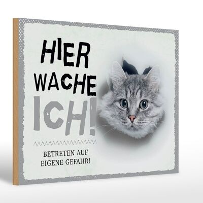 Holzschild Spruch 30x20cm Katze hier wache eigene Gefahr