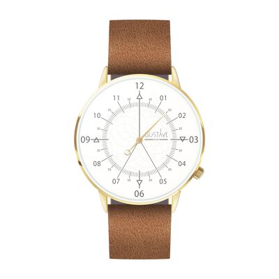 Reloj 12H dorado y blanco - Correa de cuero marrón