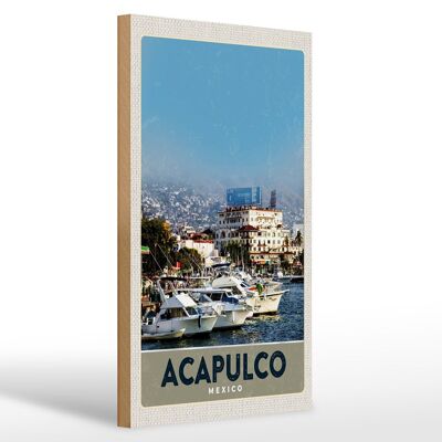 Cartel de madera viaje 20x30cm Acapulco México Yate Montañas Mar