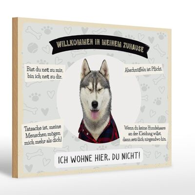 Cartello in legno 30x20 cm con scritta "animali husky benvenuti vivono qui".