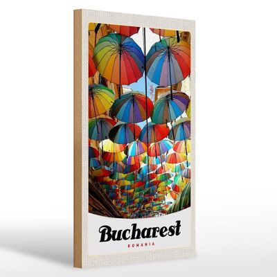Cartello in legno da viaggio 20x30 cm Bucarest Romania ombrello colorato