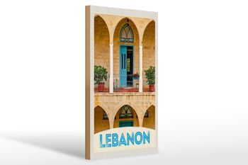 Panneau en bois voyage 20x30cm Liban bâtiment porte bleue vacances 1