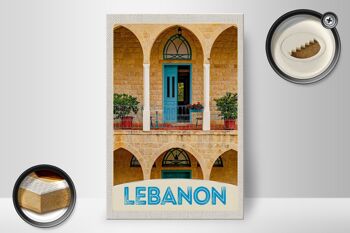 Panneau en bois voyage 20x30cm Liban bâtiment porte bleue vacances 2