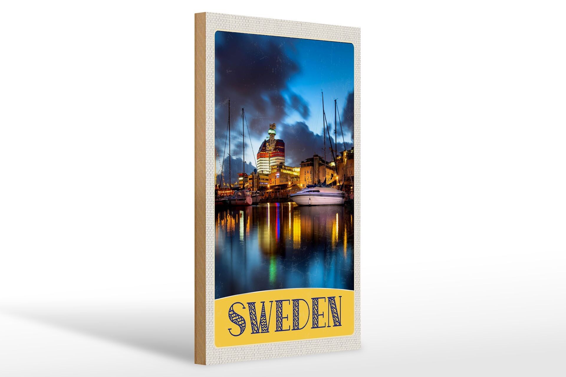Cartello in legno da viaggio 20x30 cm Svezia barche edifici mare