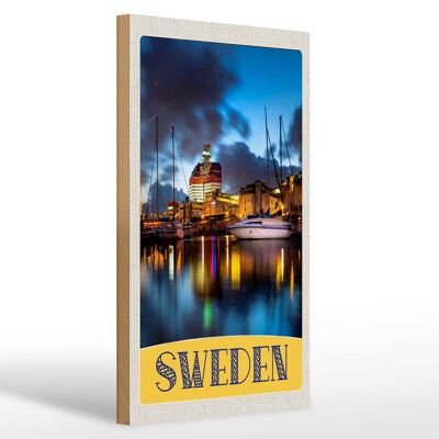 Cartel de madera viaje 20x30cm Suecia barcos edificios mar