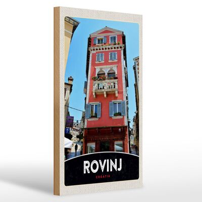 Cartello da viaggio in legno 20x30 cm Rovigno Croazia casa fiori rossi