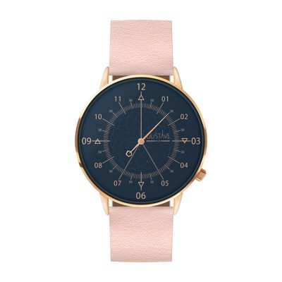 Reloj de oro rosa y azul 12H - Correa de cuero rosa pálido
