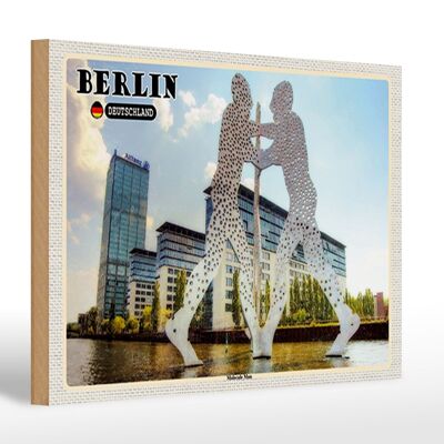 Holzschild Städte Berlin Molekül Mann Skulptur 30x20cm