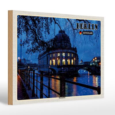 Cartello in legno città Berlino Isola dei musei Notte Serata 30x20 cm