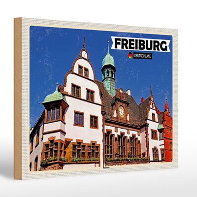 Cartel de madera ciudades Friburgo ayuntamiento arquitectura 30x20cm