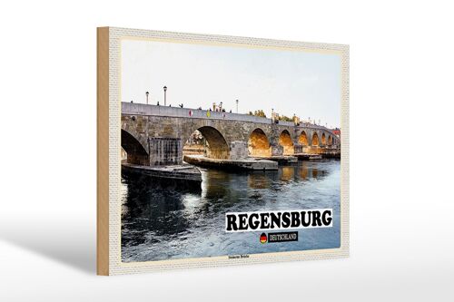 Holzschild Städte Regensburg Steinerne Brücke Fluss 30x20cm