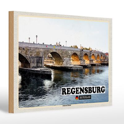Cartello in legno città Ratisbona ponte in pietra fiume 30x20 cm