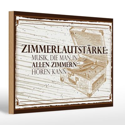 Wooden sign saying 30x20cm Room volume: Music that you can hear in