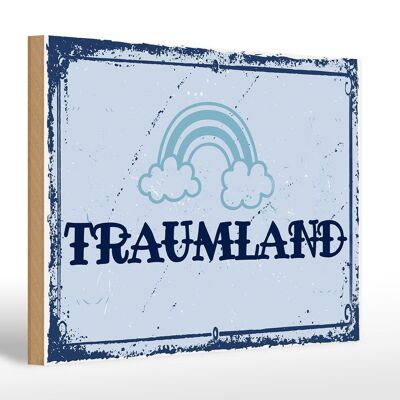 Holzschild Spruch 30x20cm Traumland blau Regenbogen
