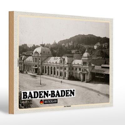 Cartel de madera ciudades Baden-Baden antigua estación de tren 30x20cm