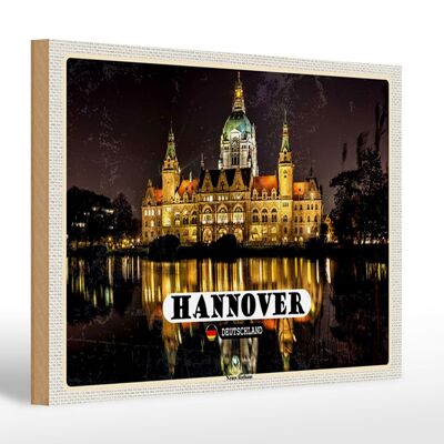 Cartel de madera ciudades Hannover Ayuntamiento Nuevo Noche 30x20cm