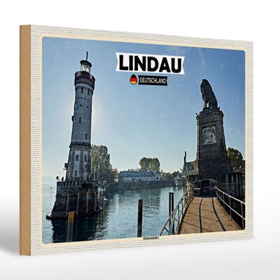 Cartel de madera ciudades Lindau puerto entrada río edificio 30x20cm