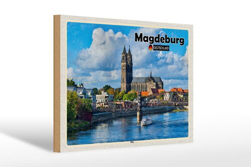 Holzschild Städte Magdeburg Dom Fluss Architektur 30x20cm