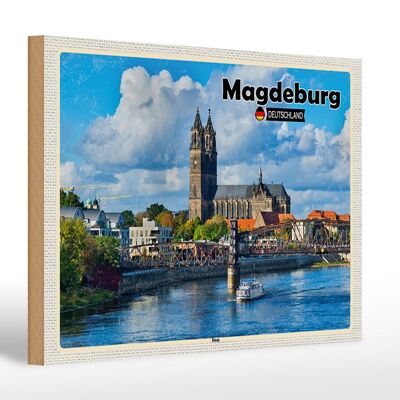 Holzschild Städte Magdeburg Dom Fluss Architektur 30x20cm