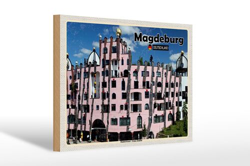 Holzschild Städte Magdeburg Hundertwasser Gebäude 30x20cm