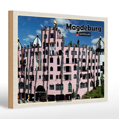 Wooden sign cities Magdeburg Hundertwasser building 30x20cm