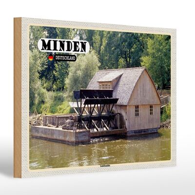 Cartello in legno città Minden nave mulino fiume 30x20 cm