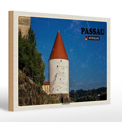 Cartel de madera ciudades Passau Schaiblingsturm arquitectura 30x20cm