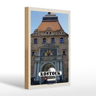 Cartello in legno città Rostock porta in pietra con grifoni 20x30 cm