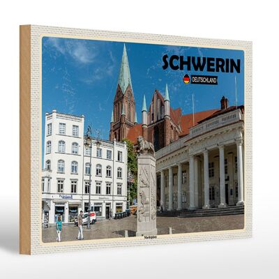 Cartel de madera ciudades Schwerin plaza del mercado arquitectura 30x20cm