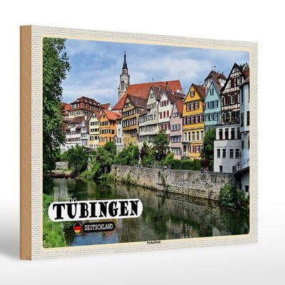 Cartello in legno città Tubinga Neckarfront edifici fluviali 30x20 cm