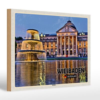 Cartello in legno città Wiesbaden Kurhaus fontana 30x20 cm