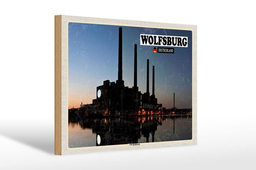 Holzschild Städte Wolfsburg VW-Kraftwerk Fluss 30x20cm