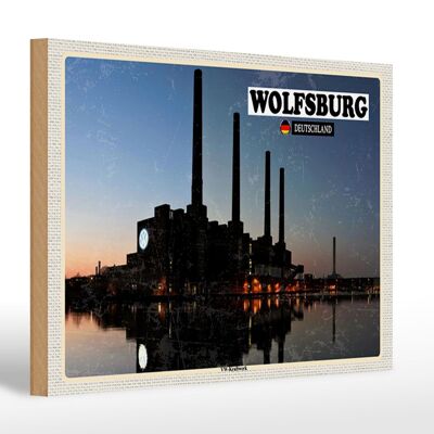 Holzschild Städte Wolfsburg VW-Kraftwerk Fluss 30x20cm