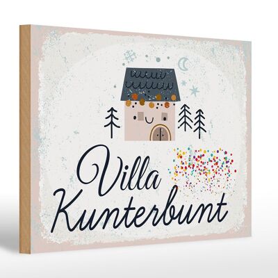 Cartello in legno con scritta "House Villa Kunterbunt" colorato 30x20 cm