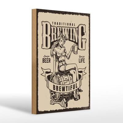Cartel de madera que dice Elaboración de cerveza tradicional en vivo para la cerveza 20x30cm