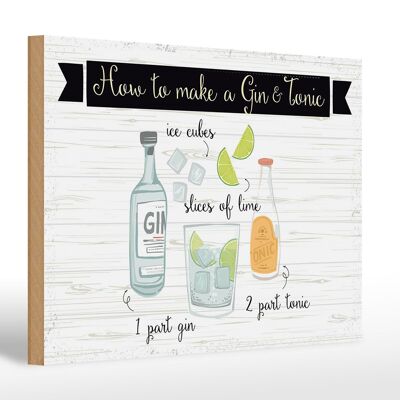 Cartel de madera que dice Cómo hacer un Gin & Tonic 30x20cm