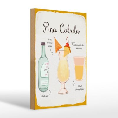 Cartel de madera receta Receta Cóctel Piña Colada 20x30cm cartel blanco