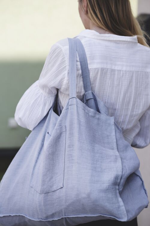 Linen Beach Bag with Pocket in Ice Blue