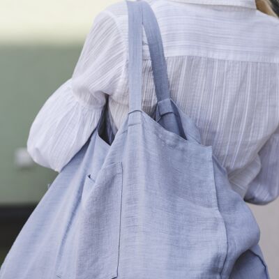 Linen Beach Bag with Pocket in Ice Blue