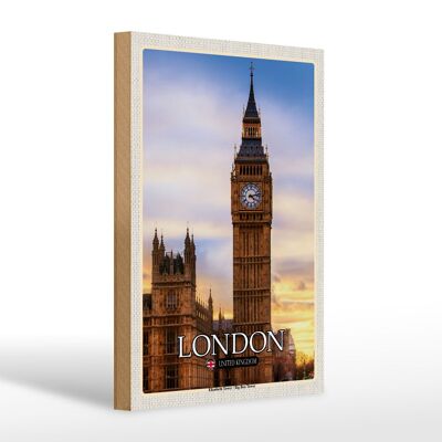 Cartello in legno città Londra Elizabeth Tower Big Ben 20x30 cm