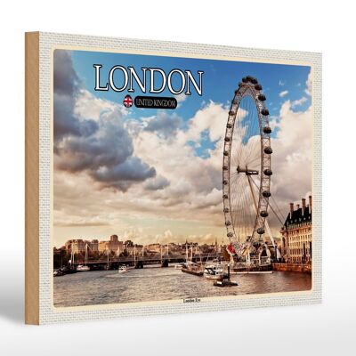 Cartel de madera ciudades Reino Unido Inglaterra London Eye 30x20cm