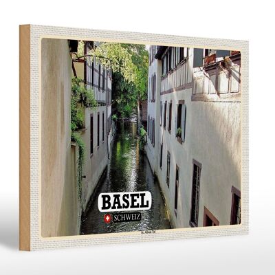 Cartel de madera viaje Basilea Suiza St. Edificio Valle Alban 30x20cm