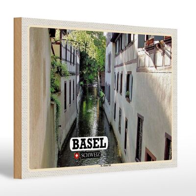 Panneau en bois voyage Bâle Suisse St. Bâtiment Vallée d'Alban 30x20cm