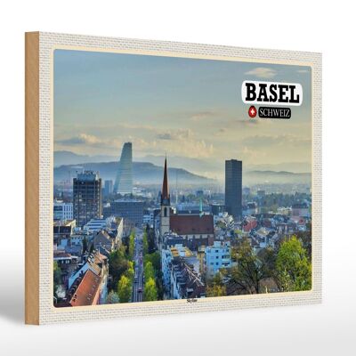 Cartello in legno viaggio architettura skyline Basilea Svizzera 30x20 cm