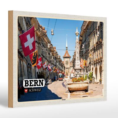 Letrero de madera viaje Berna Suiza banderas del casco antiguo 30x20cm