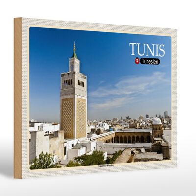 Cartel de madera viaje Túnez Mezquita Ez Zitouna 30x20cm